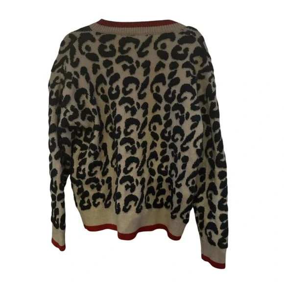 Leopard Print Taupe Navy Blue Cardigan Red Buttons *No Size Tag See Measurements - Picture 6 of 9
